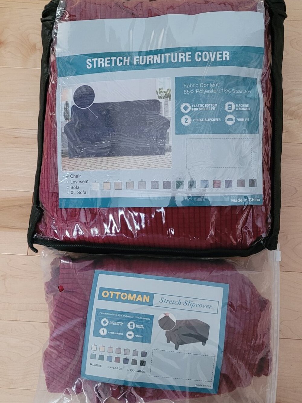 3-Piece Wine Stretch Armchair & Ottoman Slipcover Set-New in Package